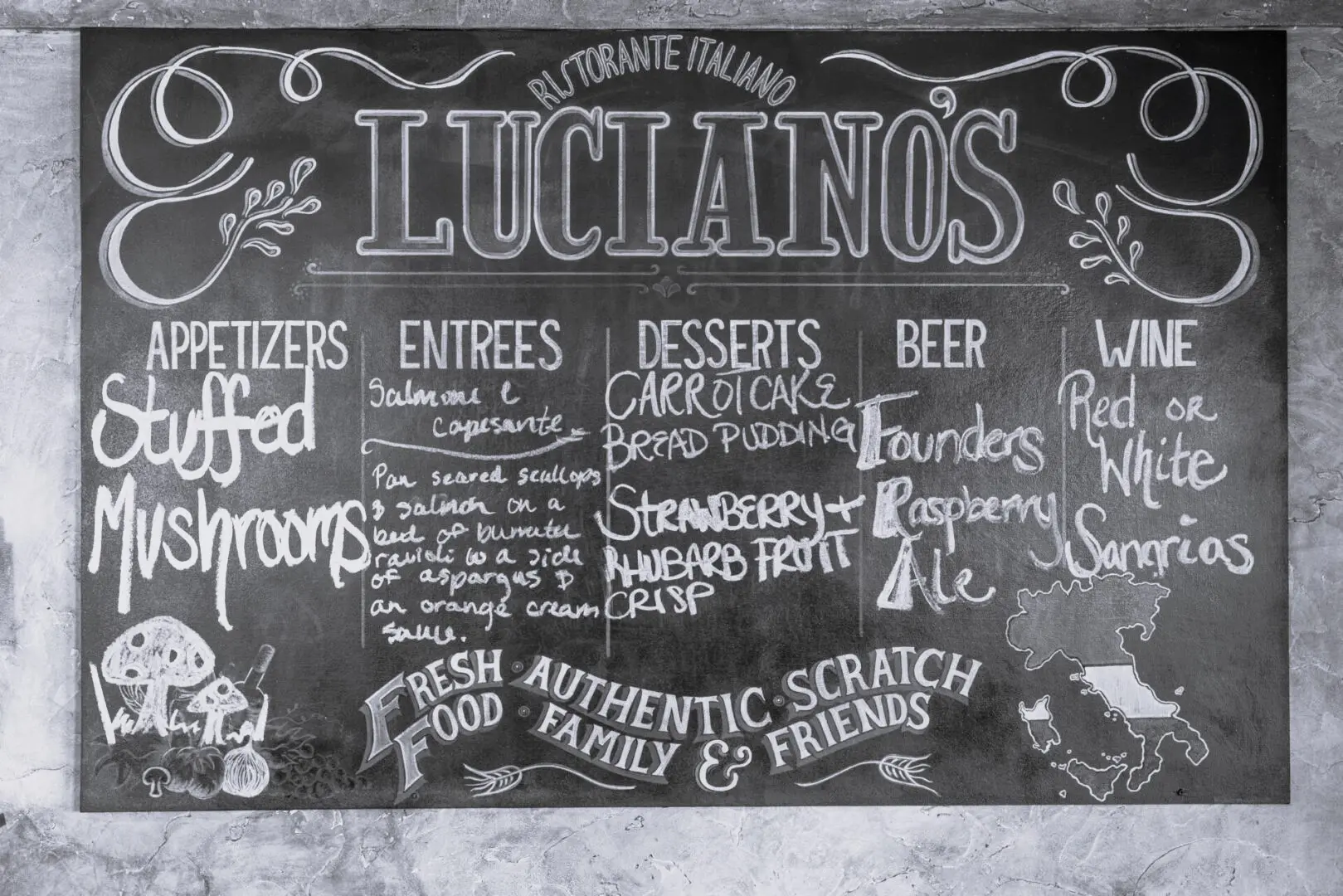 A chalkboard with many different types of food on it.